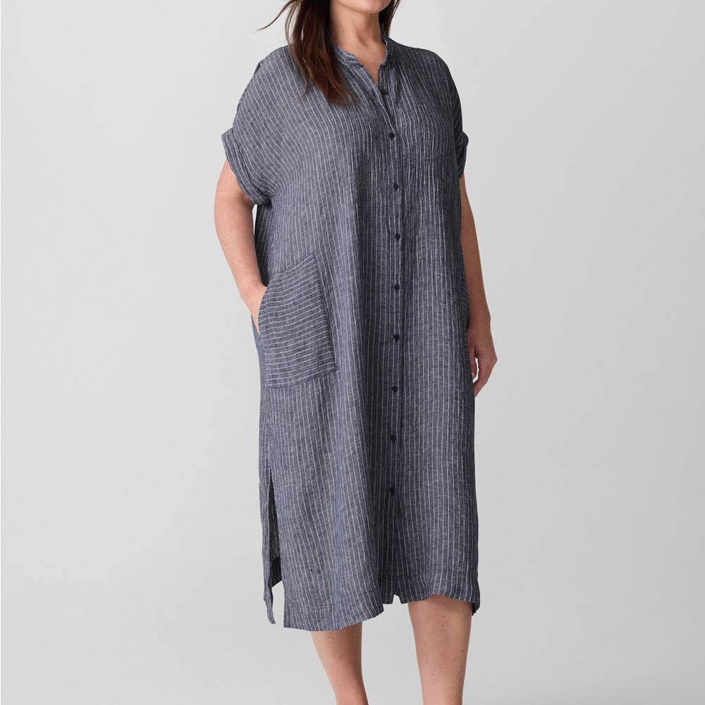 Eileen Fisher  Bloomingdale’s Womens Grey Puckered Organic Linen Shirtdress - S